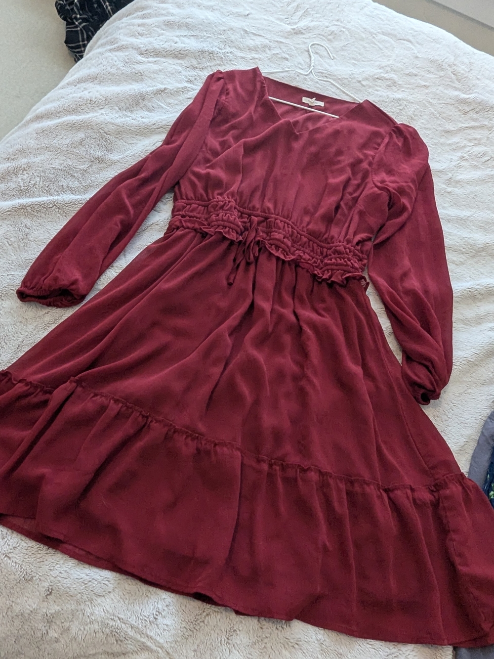 Maurices Wine Long-Sleeve Ruffle Waist Dress